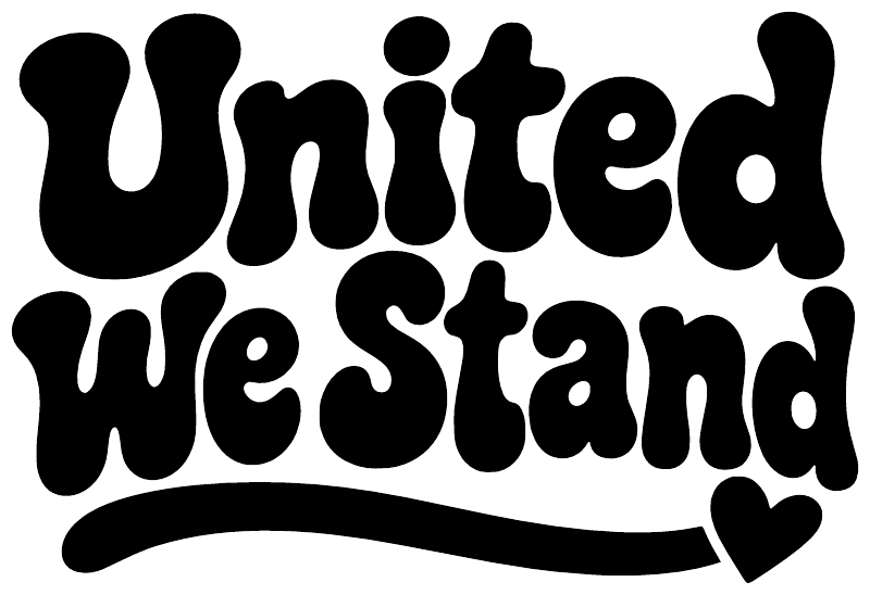 Vinyl decal close-up: bold black “United We Stand” letters with a heart accent