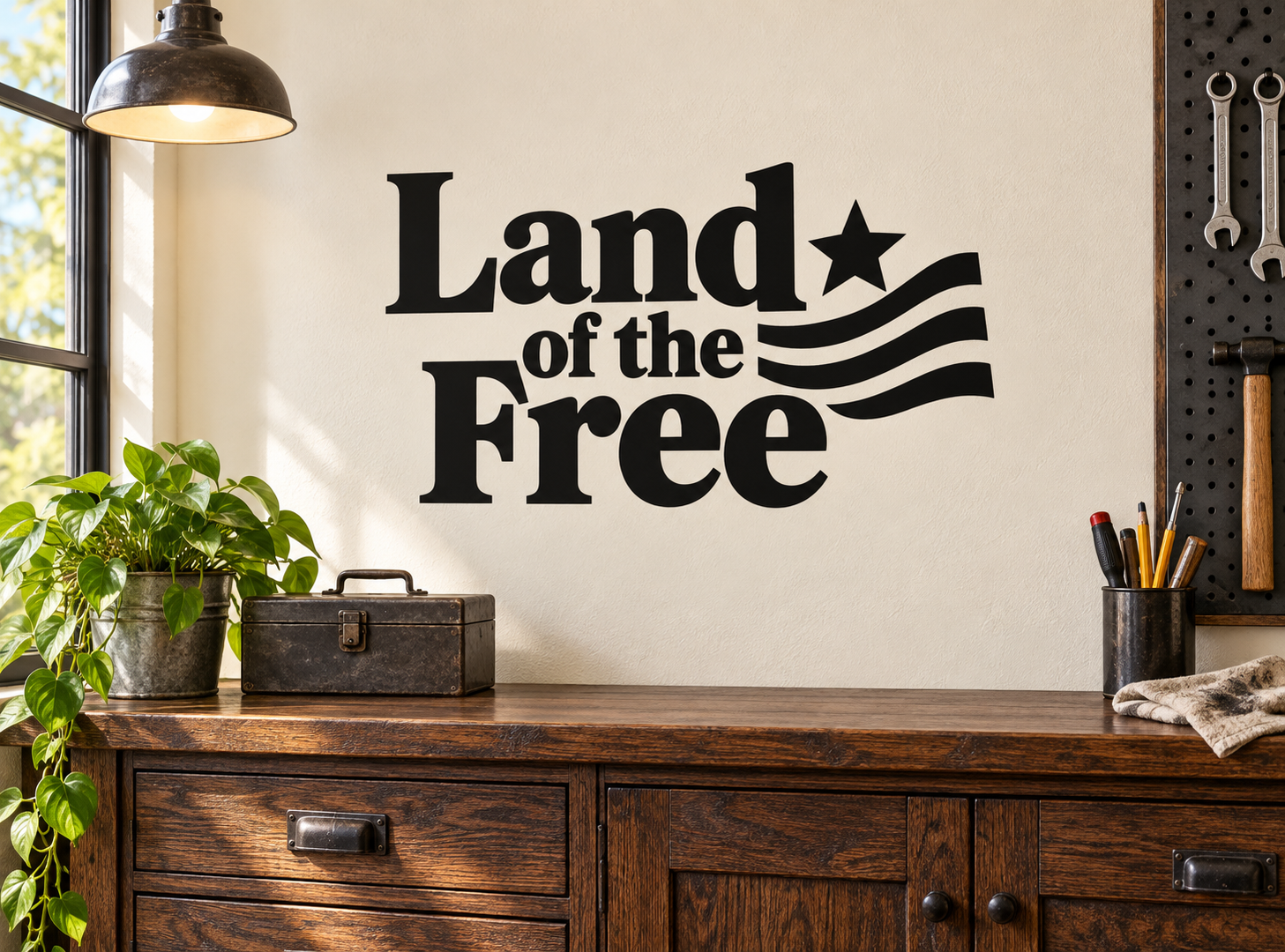 Vinyl wall decal with 'Land of the Free' text, star and striped flag graphic, black