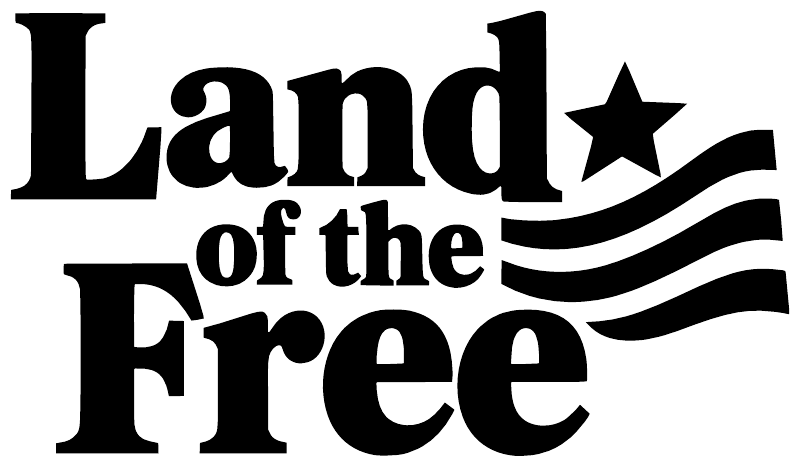 Vinyl wall decal close-up: 'Land of the Free' text with star and flag stripes, black