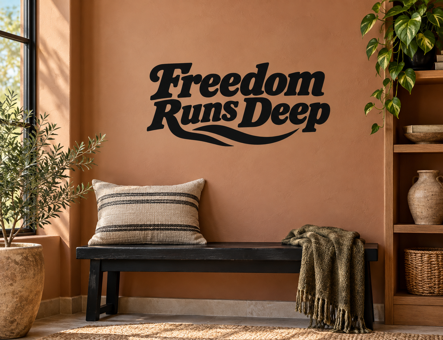 Freedom Runs Deep vinyl decal in black, wall text with curved underline swoosh