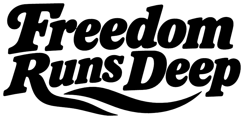 Freedom Runs Deep vinyl decal, bold black typography with swoosh underline