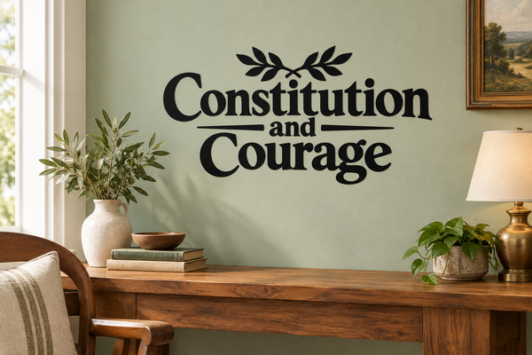 Vinyl wall decal with black laurel and text: Constitution and Courage