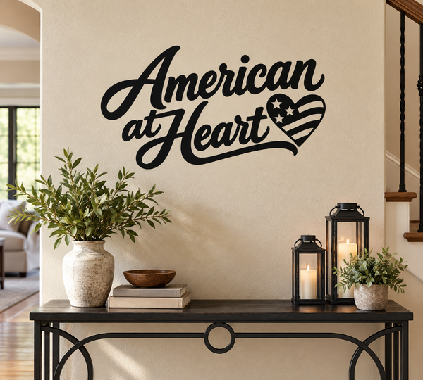 American at Heart vinyl wall decal with star-striped heart graphic, black design