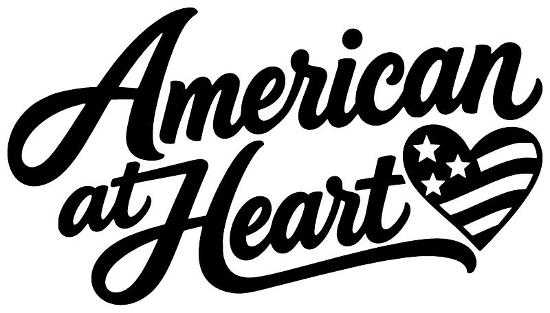 American at Heart vinyl decal close-up with black script and star-striped heart