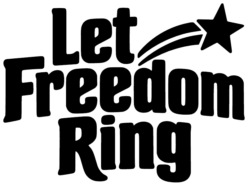 Vinyl decal close-up: bold black "Let Freedom Ring" text with arrow curve and star