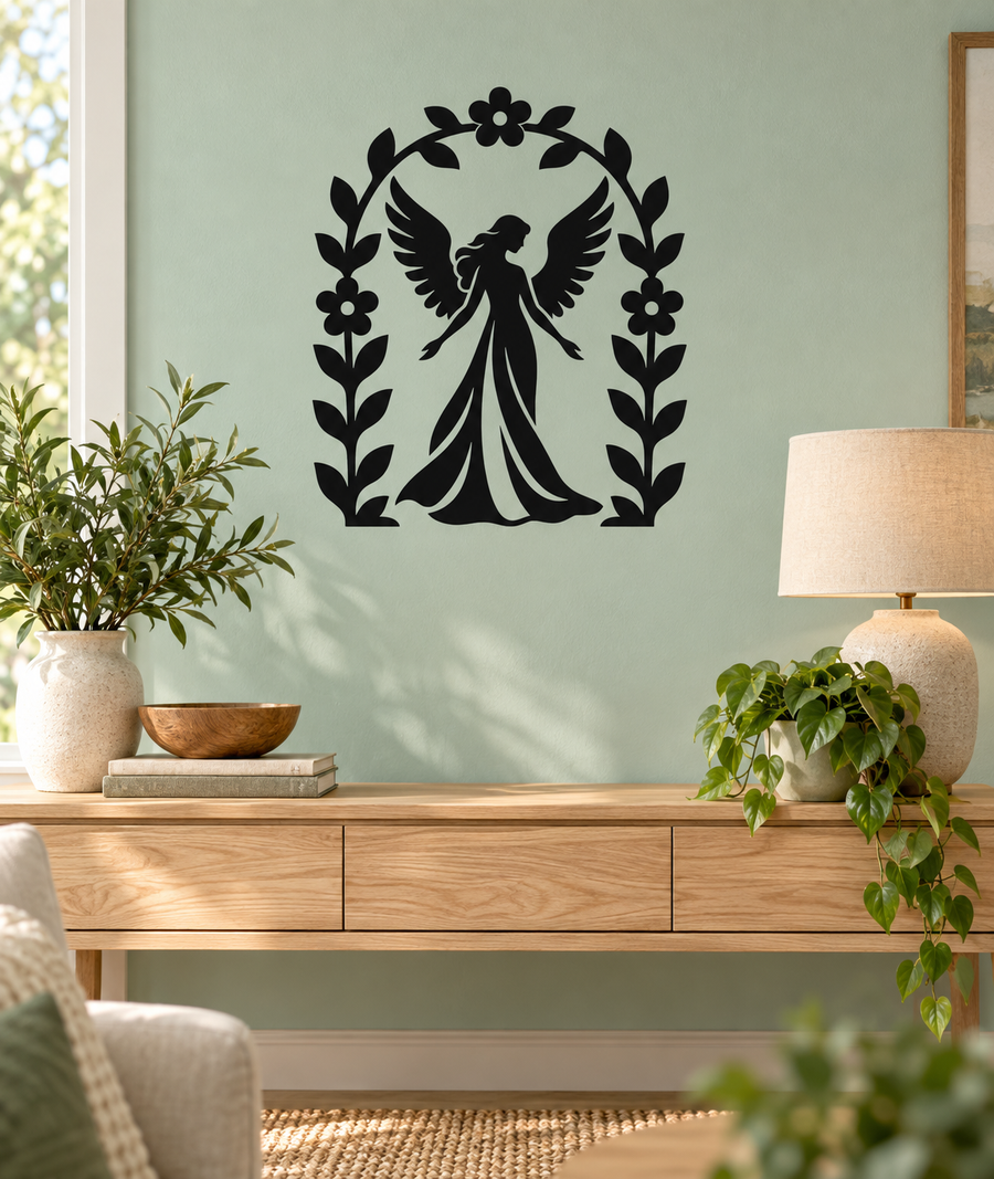 Black angel vinyl wall decal with botanical arch and floral details