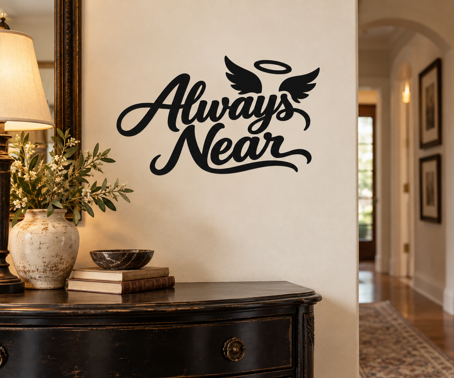Vinyl wall decal with “Always Near” script and angel wings, black design