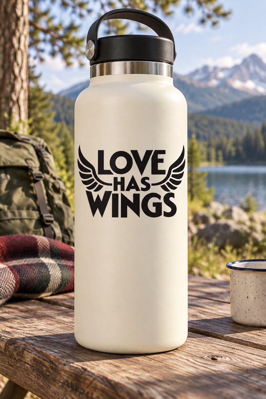 Black vinyl decal reading 'LOVE HAS WINGS' with wing graphics