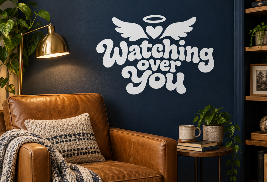 Watching over You vinyl decal with angel wings and halo, white lettering