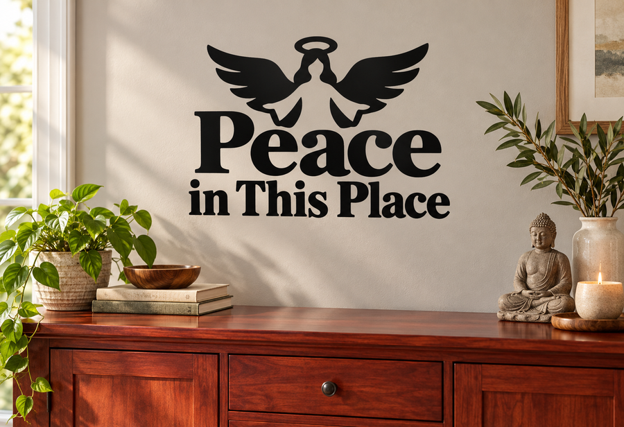 Peace in this Place angel vinyl decal with wings and ornate text