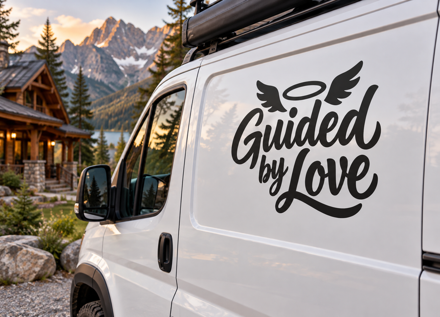 Vinyl decal with angel wings and 'Guided by Love' on white van door panel