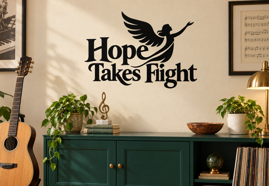 Hope Takes Flight vinyl decal with black angel silhouette and winged text