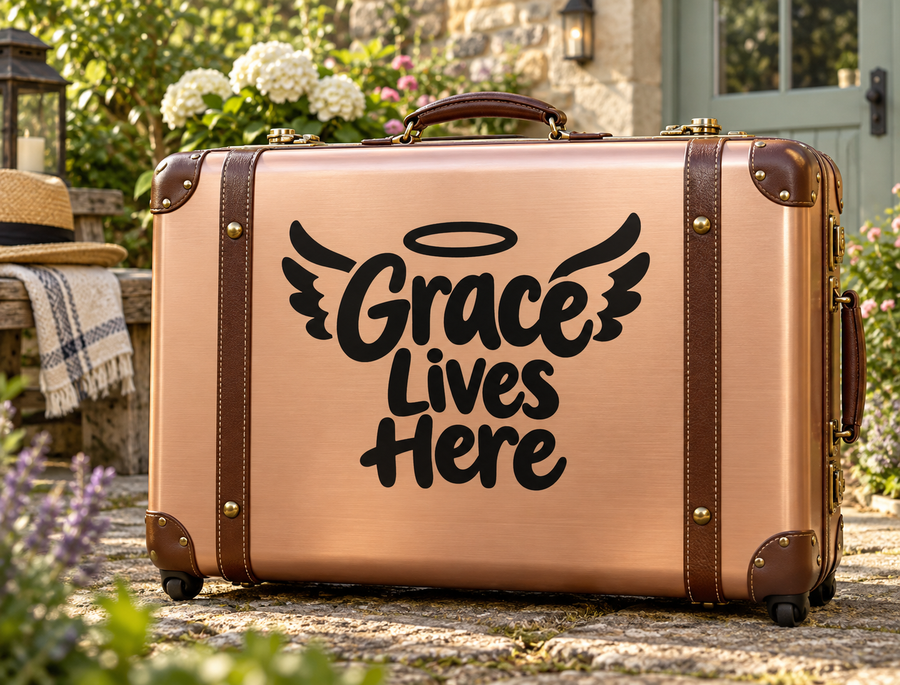 Grace Lives Here vinyl decal with angel wings, black lettering on tan surface
