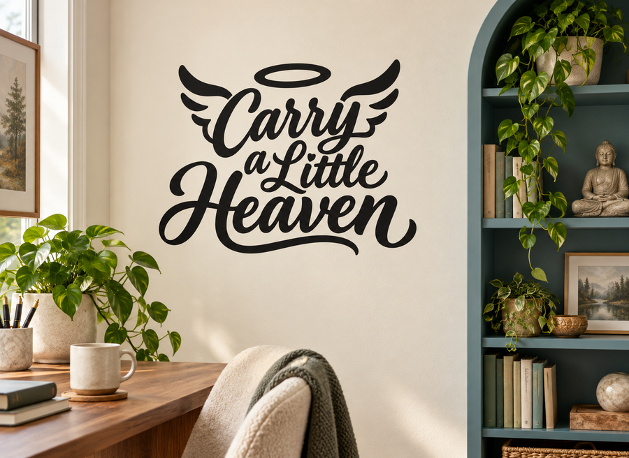 Black vinyl decal reading "Carry a Little Heaven" with angel wings