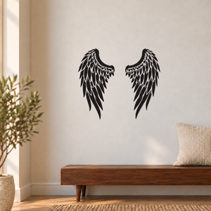 Pair of black angel wing vinyl decals with layered feather detailing