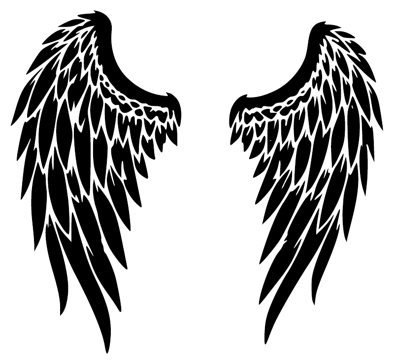 Close-up of black angel wing vinyl decal pair with layered feather pattern