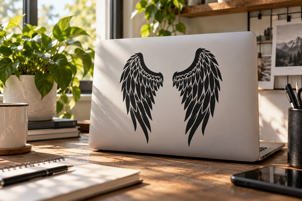 Angel wing vinyl decal pair with swept long feathers, black on white