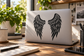 Angel wing vinyl decal pair with swept long feathers, black on white