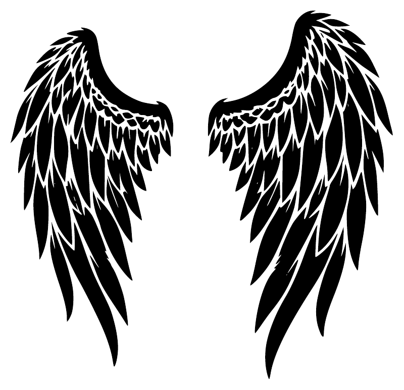 Black angel wing decal pair with detailed feather strokes, mirrored left and right
