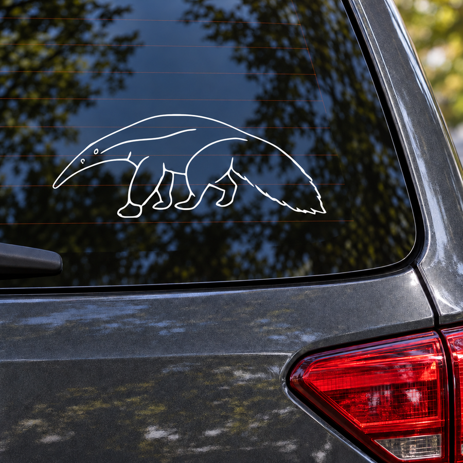Walking anteater outline vinyl decal on car window, white outline design