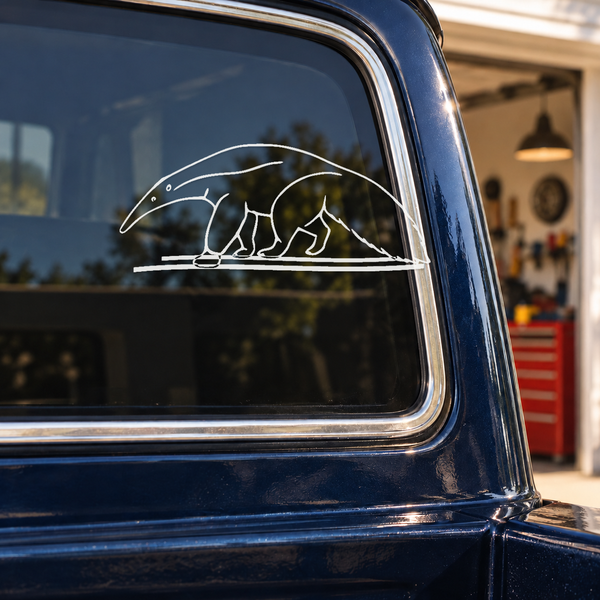 Outline graphic decal of a walking giant anteater with twin wind swooshes