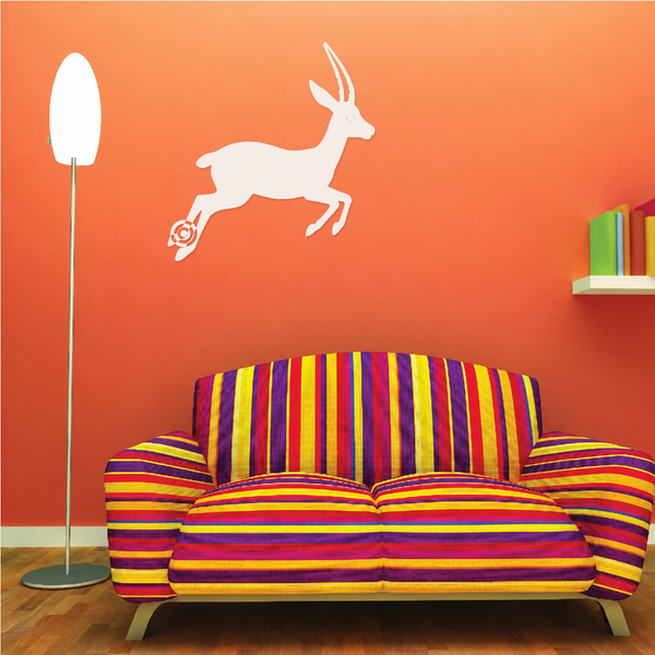 White leaping antelope vinyl wall decal with double orbit rings detail