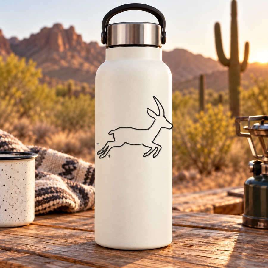 White insulated water bottle with black antelope leaping outline graphic and lid