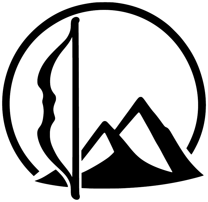 Vinyl decal logo: archery bow and mountain crest inside white circle border