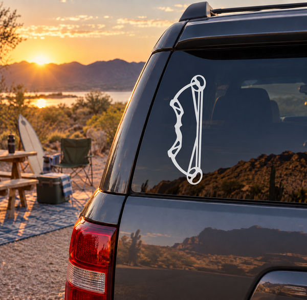 White compound bow silhouette vinyl decal on dark car window glass