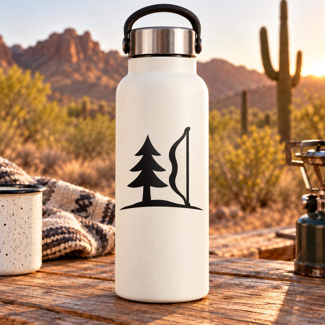 Water bottle with black pine tree and bow horizon vinyl decal