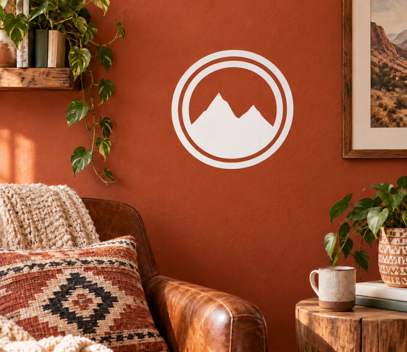 Round window vinyl decal with mountain icon in white circle and inner rings