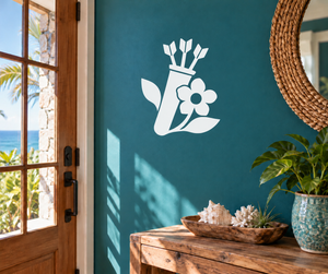 White archery quiver vinyl decal with wildflower on teal wall