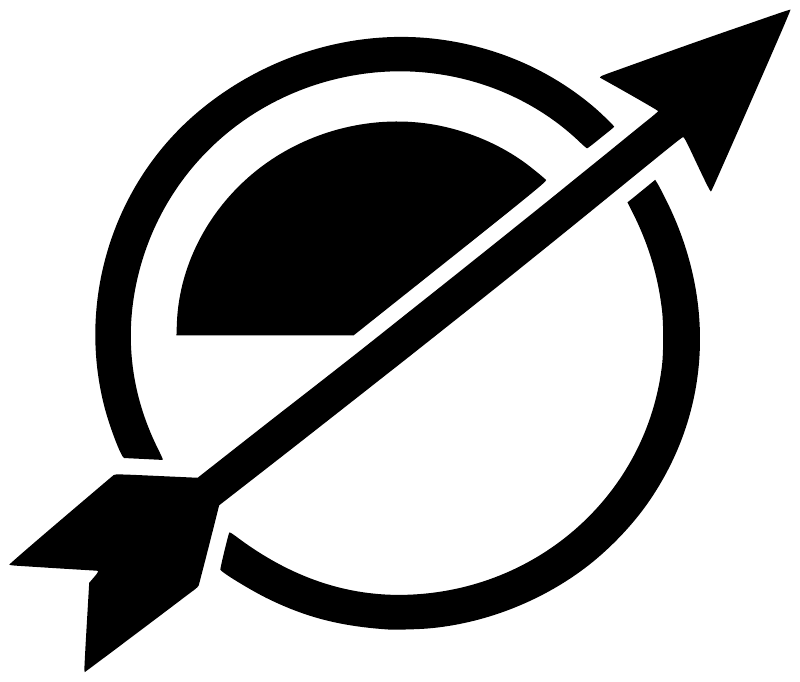Vinyl decal logo close-up: black circle with diagonal white arrow and rays