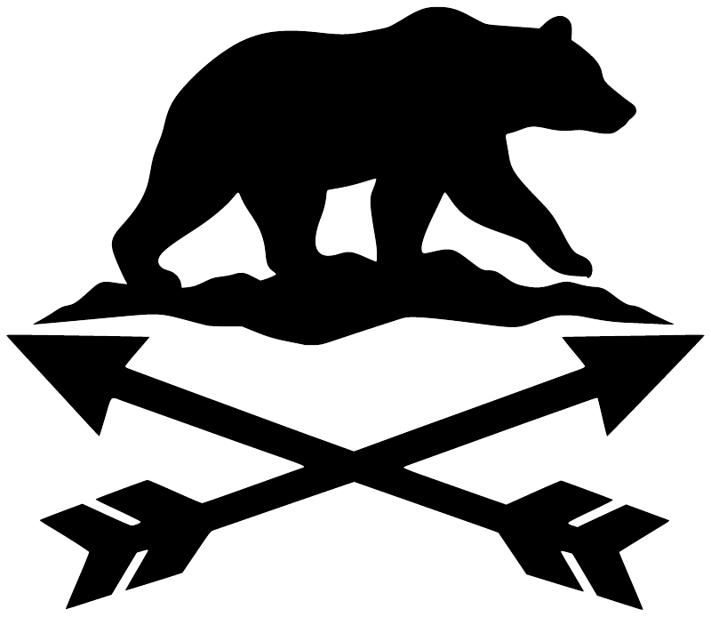 Black bear silhouette vinyl decal with crossed arrow and starburst accents