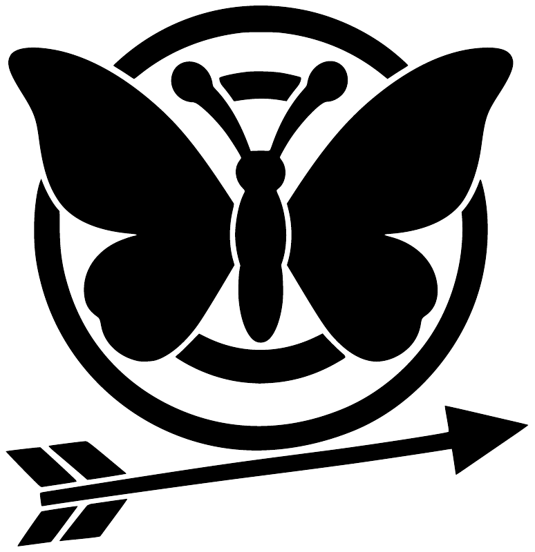 Black-and-white butterfly crest vinyl decal with archery target, bow, and arrows