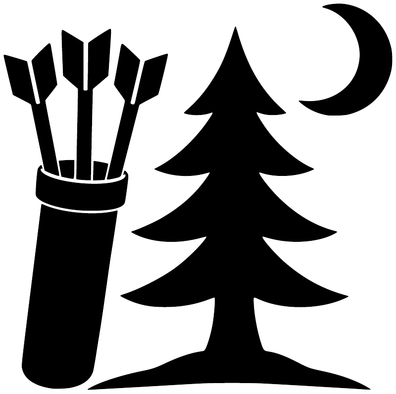 Black archery quiver, pine tree, and crescent moon vinyl decal on white background