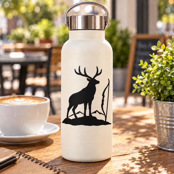 Vinyl decal of a black elk silhouette on a white water bottle