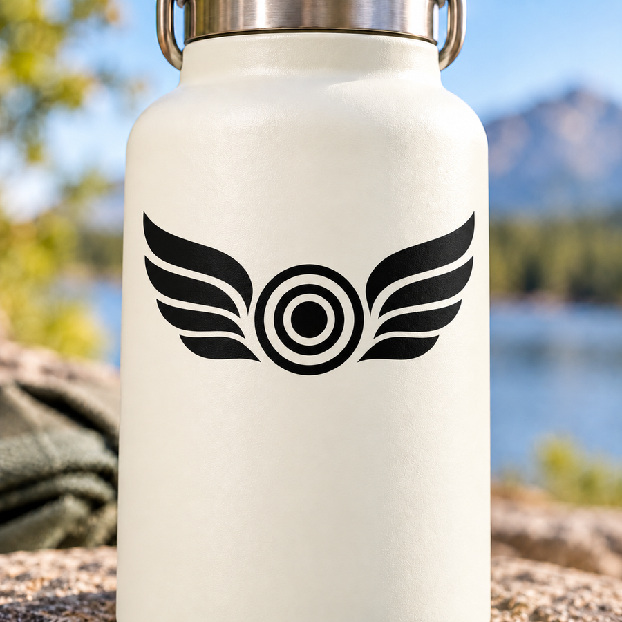Wing emblem vinyl decal with target circle and black feather wings