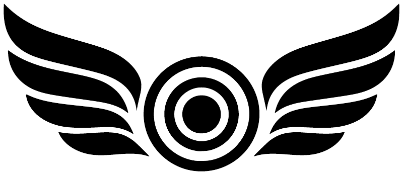 Wing emblem vinyl decal close-up with black feather wings and target bullseye rings