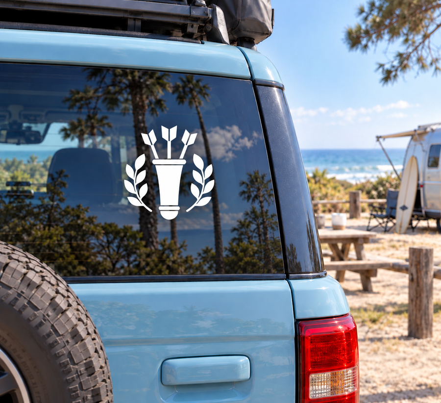 Vinyl decal pair with laurel wreath and quiver icon on a vehicle window, white.