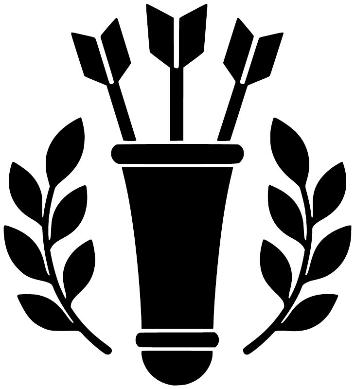 Black quiver with laurel leaves vinyl decal, isolated on white background.