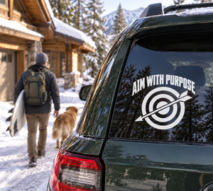 Vinyl decal for cars: Aim With Purpose text with bullseye and arrow graphic