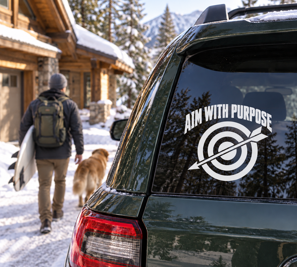 Vinyl decal for cars: Aim With Purpose text with bullseye and arrow graphic