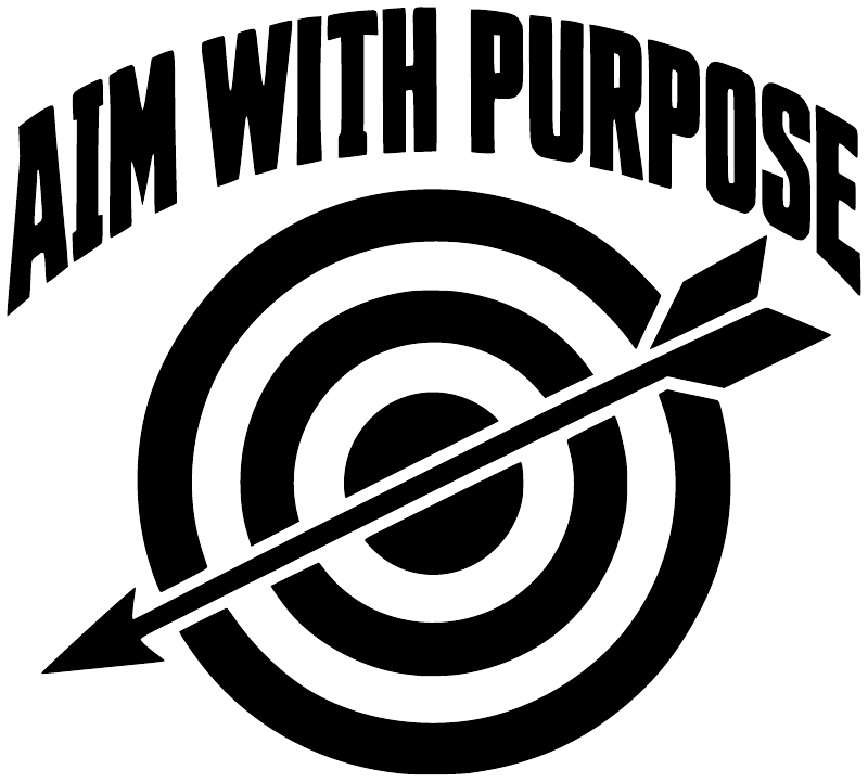 Vinyl archery decal: AIM WITH PURPOSE with target and arrow, bold black design