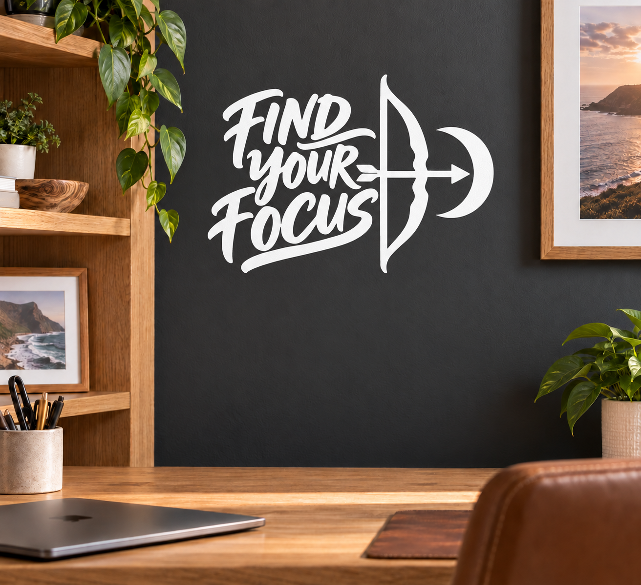 Black vinyl decal: 'Find Your Focus' script with bow target and arrow
