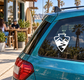 White arrowhead shield vinyl decal on a teal car rear window