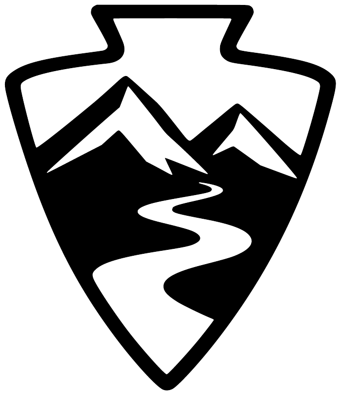 Black-and-white arrowhead shield vinyl decal with mountain and river design
