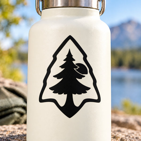 Black vinyl pine tree decal with shield/arrow outline