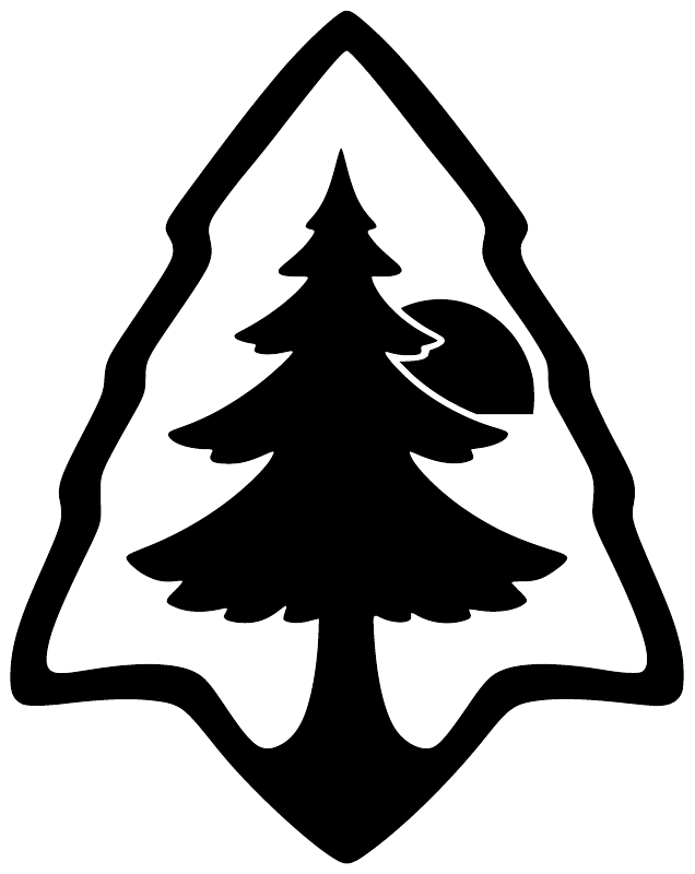 Black pine tree vinyl decal with diamond shield outline and small sun mark