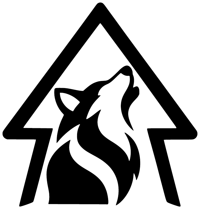 Wolf watch vinyl decal close-up: black triangle warning sign with wolf head